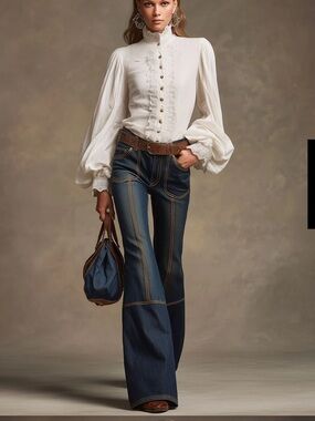 Oyrosy Retro Brown Double-stitched Navy Flare Jeans Size Small 4-6 NWT NEW